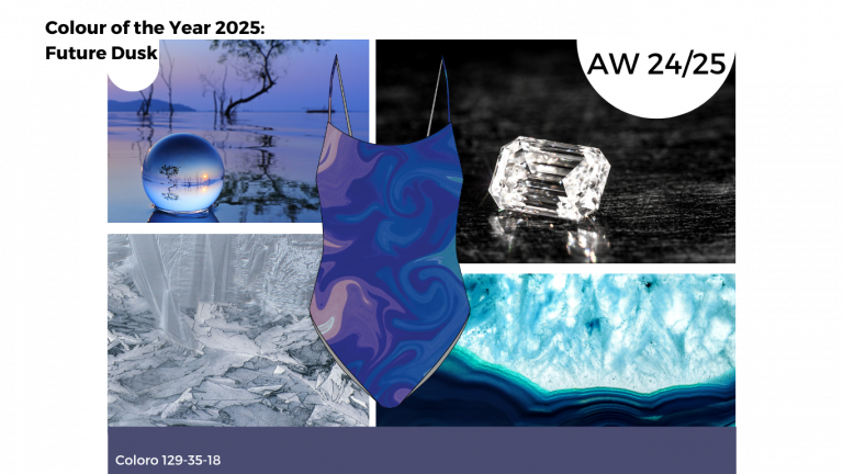 Collage with abstract and natural elements: a blue marbled bodysuit, crystal, icy textures, and serene lake scene. Text reads "AW 24/25" and "Coloro 129-35-18.
