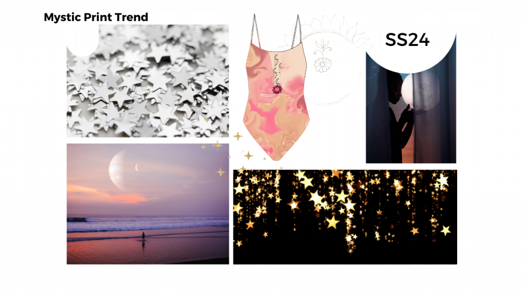A collage with silver star confetti, pastel pink-gold marbled swimsuit, silhouette of person by a curtain, ocean sunset with a crescent moon, and golden stars on black, labeled "SS24.