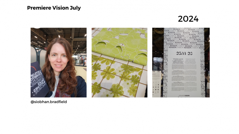 A collage from Premiere Vision July 2024: Left shows a person indoors with industrial background. Middle features green floral fabric samples. Right displays a text panel.