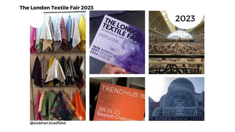 Collage of The London Textile Fair 2023. Top left: colorful fabrics on racks. Middle: purple event flyer. Top right: busy interior of the venue. Bottom left: Trendhub overview brochure. Bottom right: exterior of Business Design Centre.