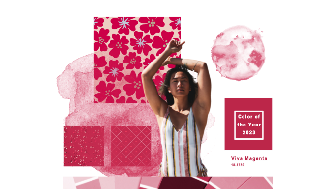 A woman wearing a striped outfit poses confidently with arms raised against bold magenta floral patterns. Text reads "Color of the Year 2023: Viva Magenta.