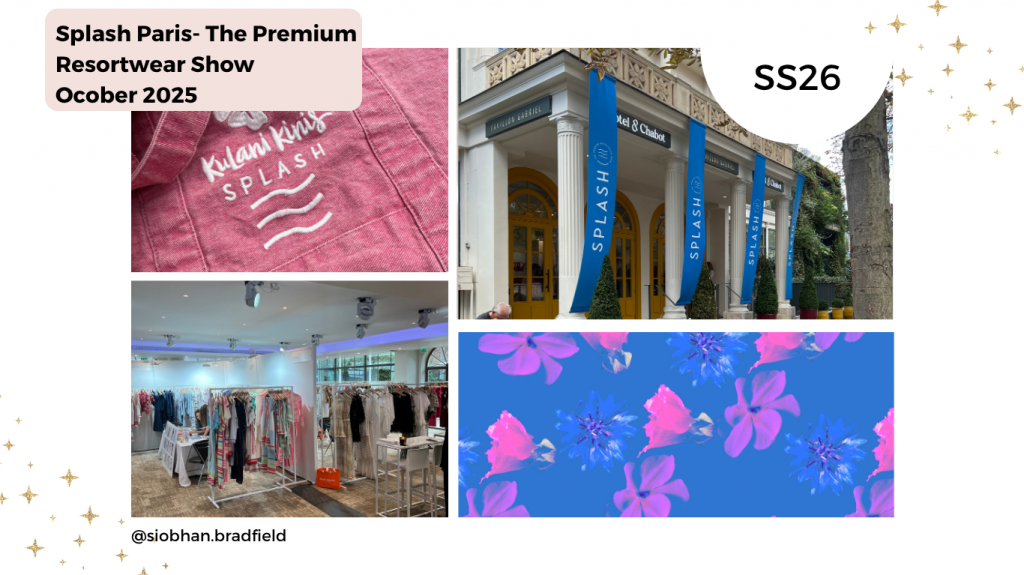 Collage of the Splash Paris Resortwear Show, October 2025. Includes a pink garment with "Kulani Kinis" logo, an elegant building with "SPLASH" banners, an indoor fashion display with racks of clothing, and a vibrant floral pattern in pink and blue. "SS26" is shown in the top right corner.