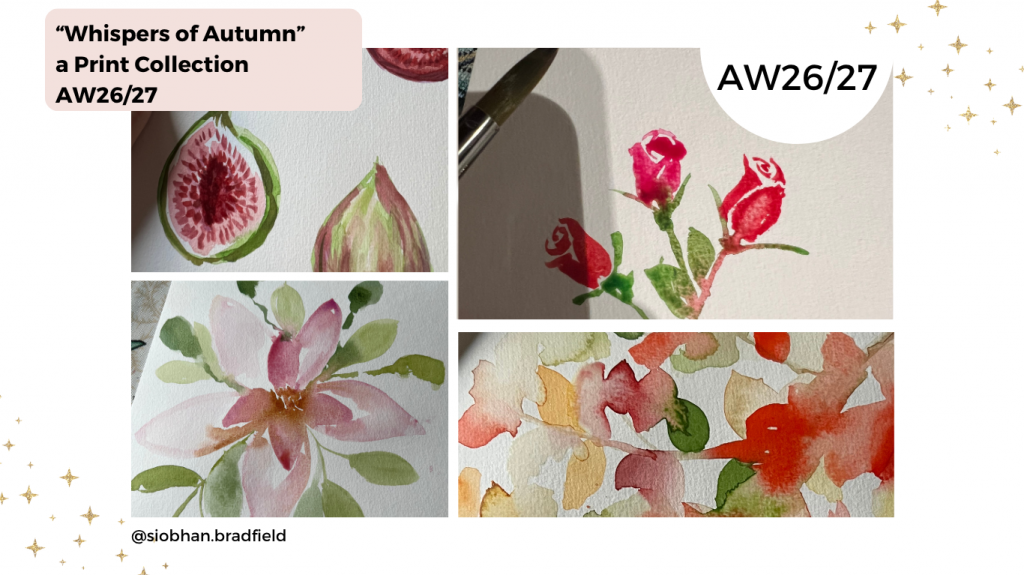 3. Watercolor illustration of various flowers and leaves, displaying gentle hues and fluid brushstrokes for a fashion print collection.