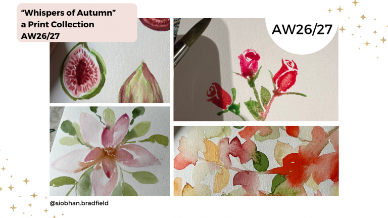 3. Watercolor illustration of various flowers and leaves, displaying gentle hues and fluid brushstrokes for a fashion print collection.