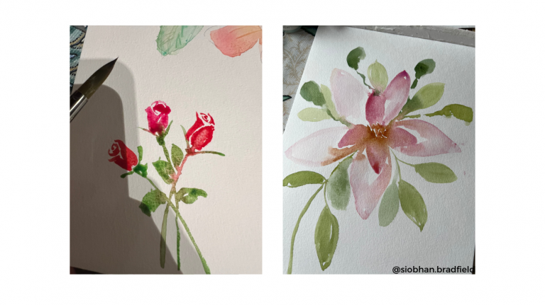 Two watercolor paintings: one of three red rosebuds with green stems and leaves, and one of a pink flower with green leaves, signed @siobhan.bradfield.