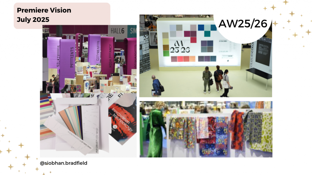 Collage from Premiere Vision July 2025. Top left: vibrant fabric displays in Hall 6. Top right: fashion color palette board for AW25/26. Bottom left: color swatch cards. Bottom right: colorful patterned fabrics on display. Atmosphere is lively and creative.