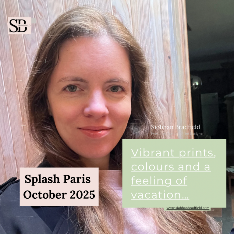 A woman smiling softly in front of a wooden background. Text on the image reads, "Splash Paris October 2025" and describes vibrant prints and colors.