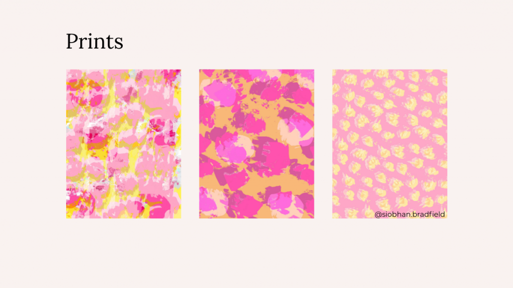 Three vibrant abstract prints in pink, yellow, and orange tones are displayed side by side. Each features bold splashes and patterns, creating a playful and energetic feel.
