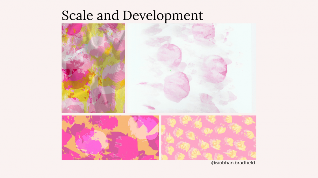 Abstract art collage titled "Scale and Development" featuring pink and yellow patterns. Includes textured layers and brush strokes, creating a vibrant, creative mood.