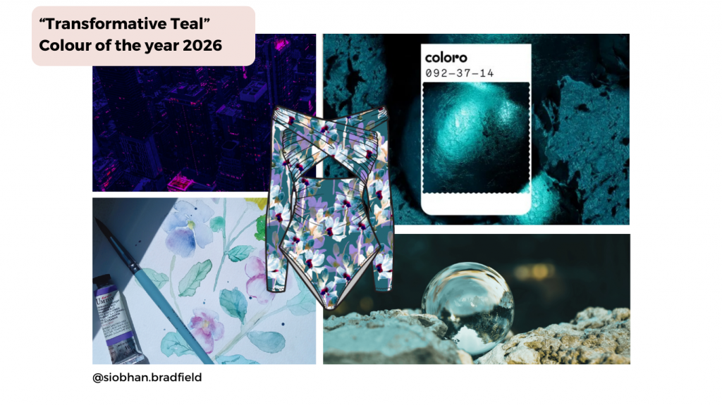 Collage highlighting "Transformative Teal," Colour of the Year 2026. Includes teal textures, floral design, paint palette, a swimsuit with a print, cityscape, and a glass sphere.