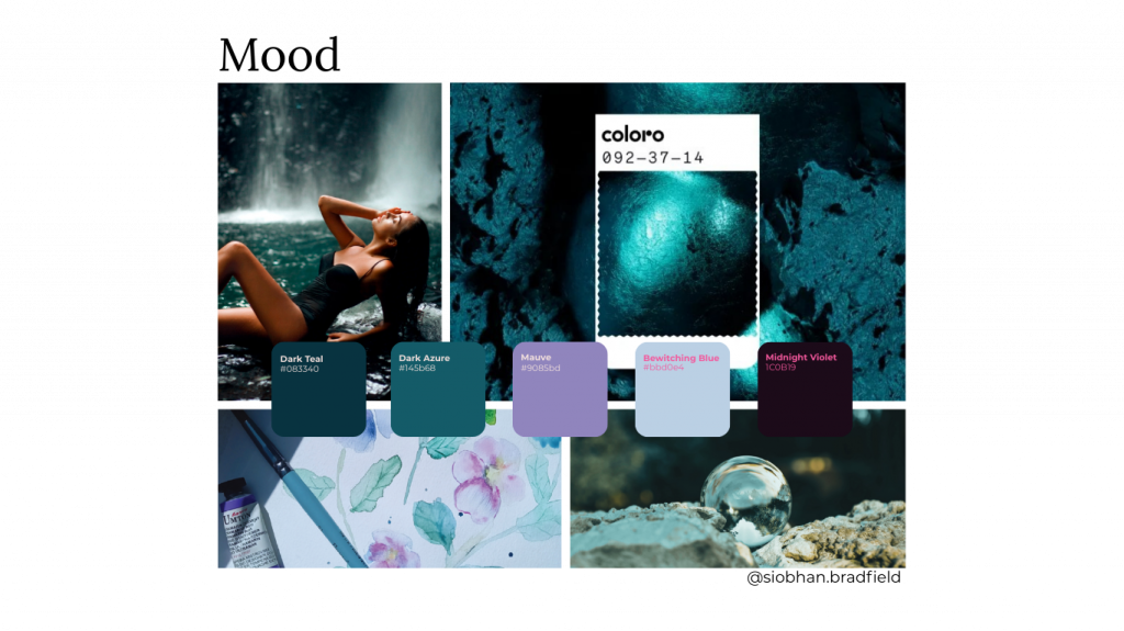 A collage featuring a woman basking in sunlight on a trend board for a fashion collection, a mystical blue-tinted rock, and an artistic floral design. Swatches display dark teal, azure, mauve, blue, and violet. The mood is serene and artistic.
