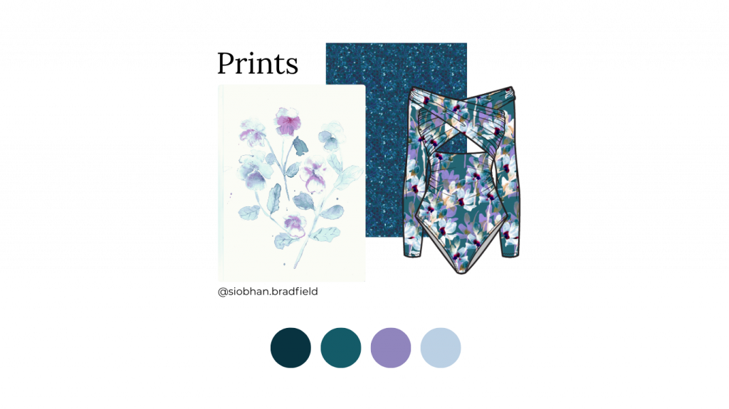 Floral-themed design features watercolor flowers, vibrant textured fabric, and leggings with matching patterns. Includes teal, green, lavender, and light blue swatches.