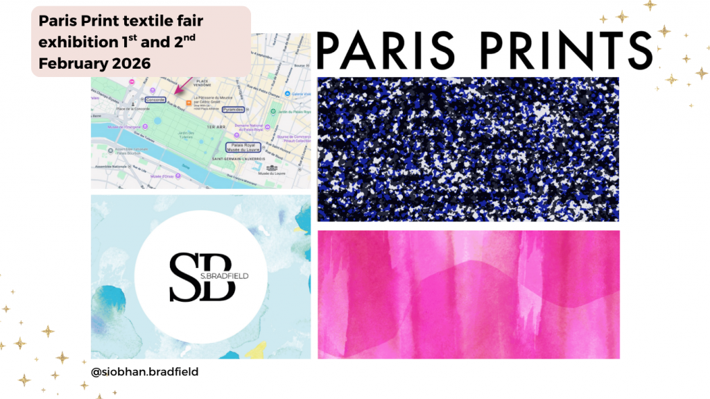 Alt text: "Collage for Paris Print textile fair, February 1-2, 2026. Includes a map, abstract patterns in blue and pink, and 'S. Bradfield' logo. Tone is vibrant."