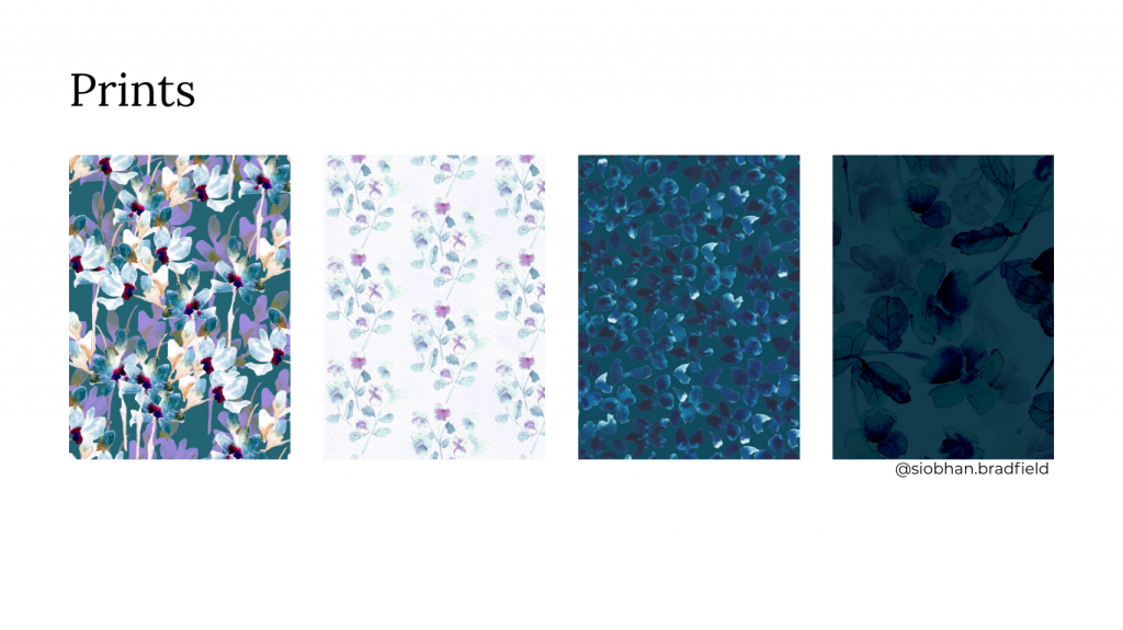 Four floral and abstract pattern panels on different coloured background for fashion. From left: colorful flowers on teal, delicate flowers on white, blue glitter, and cloud-like texture.