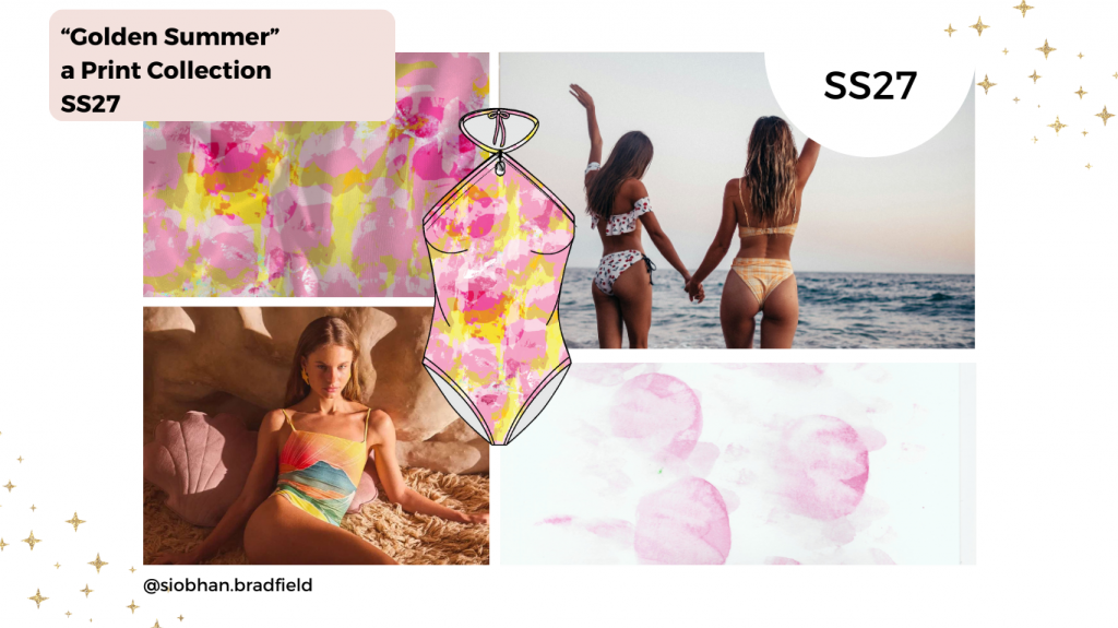 A vibrant collage titled "Golden Summer" for Print Collection SS27. Includes a colorful swimsuit design, abstract floral patterns, and women in beachwear by the sea.