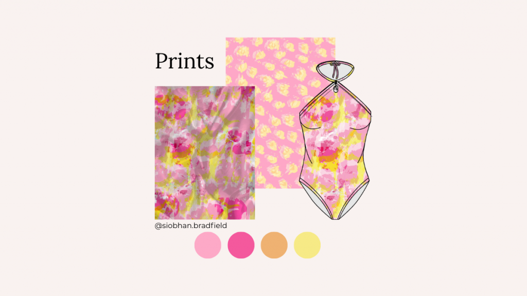 Fashion print designs featuring a pink and yellow abstract pattern on a one-piece swimsuit illustration and two square swatches. Mood is vibrant. Keywords: prints, swimsuit, abstract, pink, yellow.