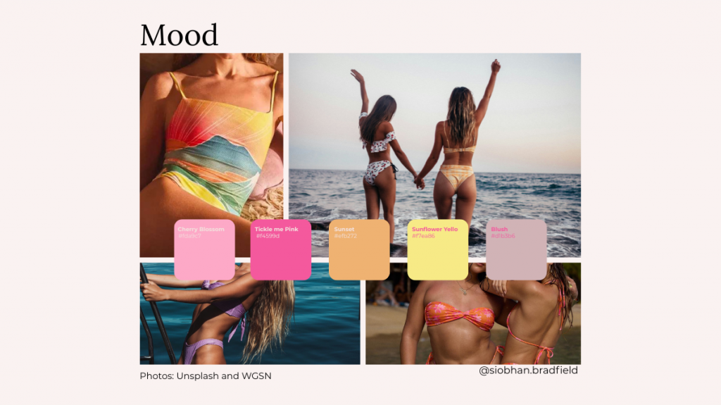 Mood board featuring vibrant swimwear against a beach backdrop. Images show colorful bikinis and ocean scenes with a relaxed, summery tone.