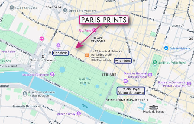 Map of Paris where Paris textile fair print will take place highlighting key locations: Place Vendôme, Jardin des Tuileries, Concorde, Pyramides, and Palais Royal – Musée du Louvre.