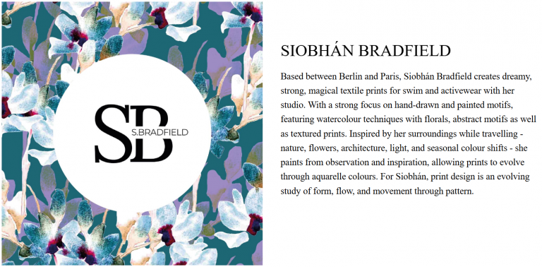 "A colorful floral pattern with watercolor-style flowers surrounds a central white circle displaying 'S. Bradfield'. Beside it, text describes Siobhán Bradfield's work, focusing on dreamy textile prints inspired by nature and travel, using watercolor techniques. A 'Learn More' button is beneath the text."