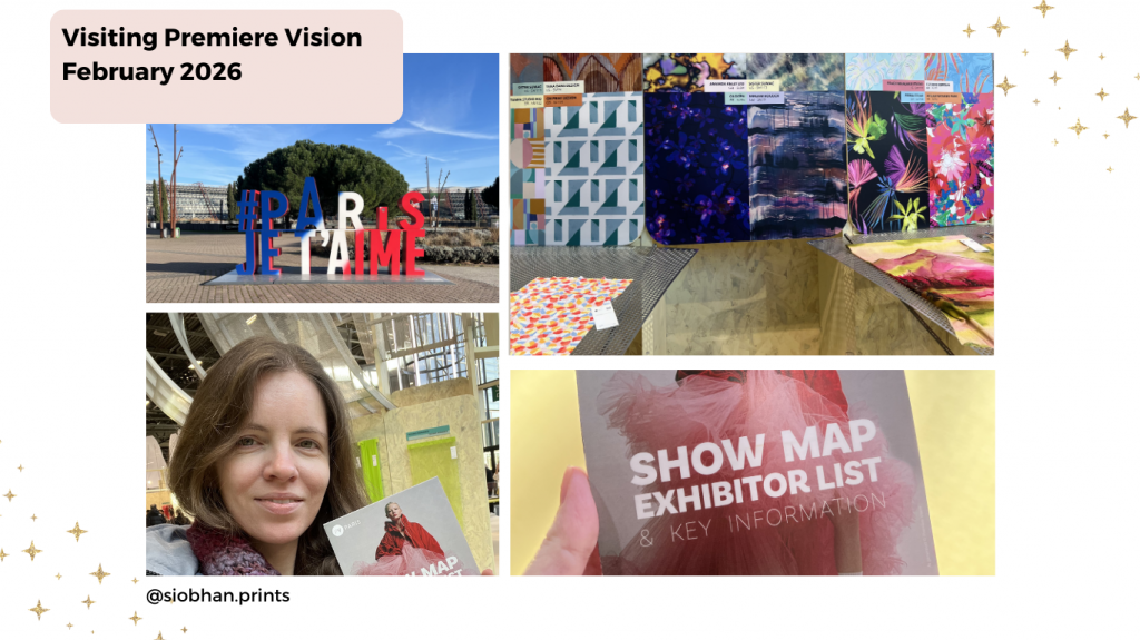 A collage showing a sign with "Paris Je T'aime," textile patterns at a show, a woman holding a map, and a close-up of a show map and exhibitor list.