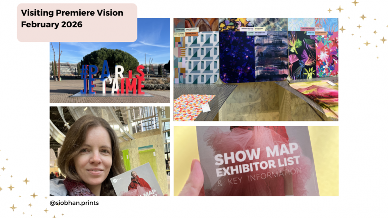 A collage showing a sign with "Paris Je T'aime," textile patterns at a show, a woman holding a map, and a close-up of a show map and exhibitor list.
