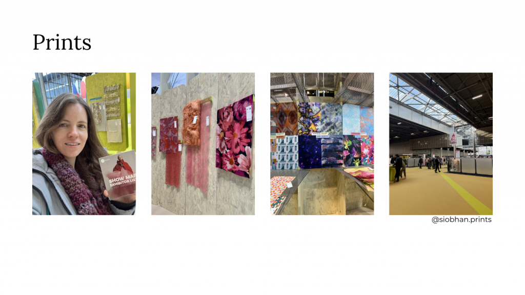 A split image: a woman, Siobhan Bradfield holding a show pass; colorful textile displays on a wall; vibrant fabric patterns and surface designs on panels; a spacious exhibition hall with visitors.