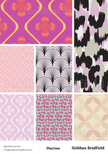 A collage of six colorful patterns: floral, abstract camo, fan shapes, and geometric motifs in pink, purple, and black tones, conveying a playful vibe by textile designer Siobhan Bradfield.