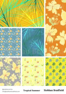 Colorful collage of tropical patterns featuring palm leaves and floral designs. Vibrant yellows, blues, and greens evoke a summer vibe by textile designer Siobhan Bradfield.
