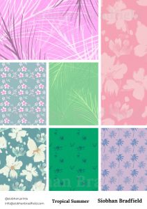 Collage of six tropical patterns: pink leaves, pastel flowers, green palm fronds, pink florals, blue hibiscus, teal with small palms. Bright, summery feel by textile designer Siobhan Bradfield.