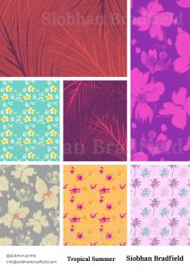 Tiled patterns with tropical themes: red and pink palm leaves, purple and pink florals, turquoise with yellow flowers, and pastel palm trees by textile designer Siobhan Bradfield.