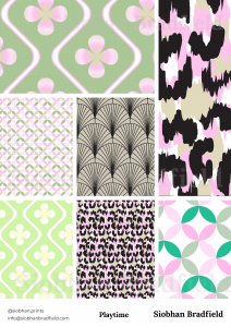 A collage of six colorful patterns: pink floral on green, black and white abstract, geometric shapes, fan-like lines, animal print, and pastel circles. Keywords: patterns, floral, abstract, geometric, vibrant by textile designer Siobhan Bradfield.