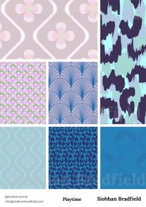 A collage of six geometric patterns in pastel and blue hues. Designs include floral, fan-shaped, abstract, and wave-like motifs. Titled "Playtime."by textile designer Siobhan Bradfield.